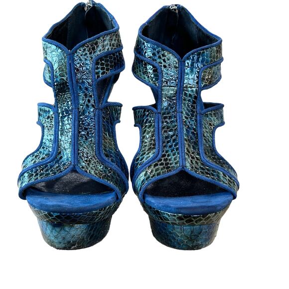 Rachel Zoe Heels Size 8 Peggy Style Real Snakeskin Kid Suede Blue Black Zipper - Picture 3 of 11